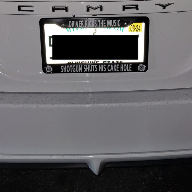 'Driver Picks Music Shotgun Shuts Their Cake Hole' License Plate Frame - Black, Stainless Steel, Supernatural Fan Gift