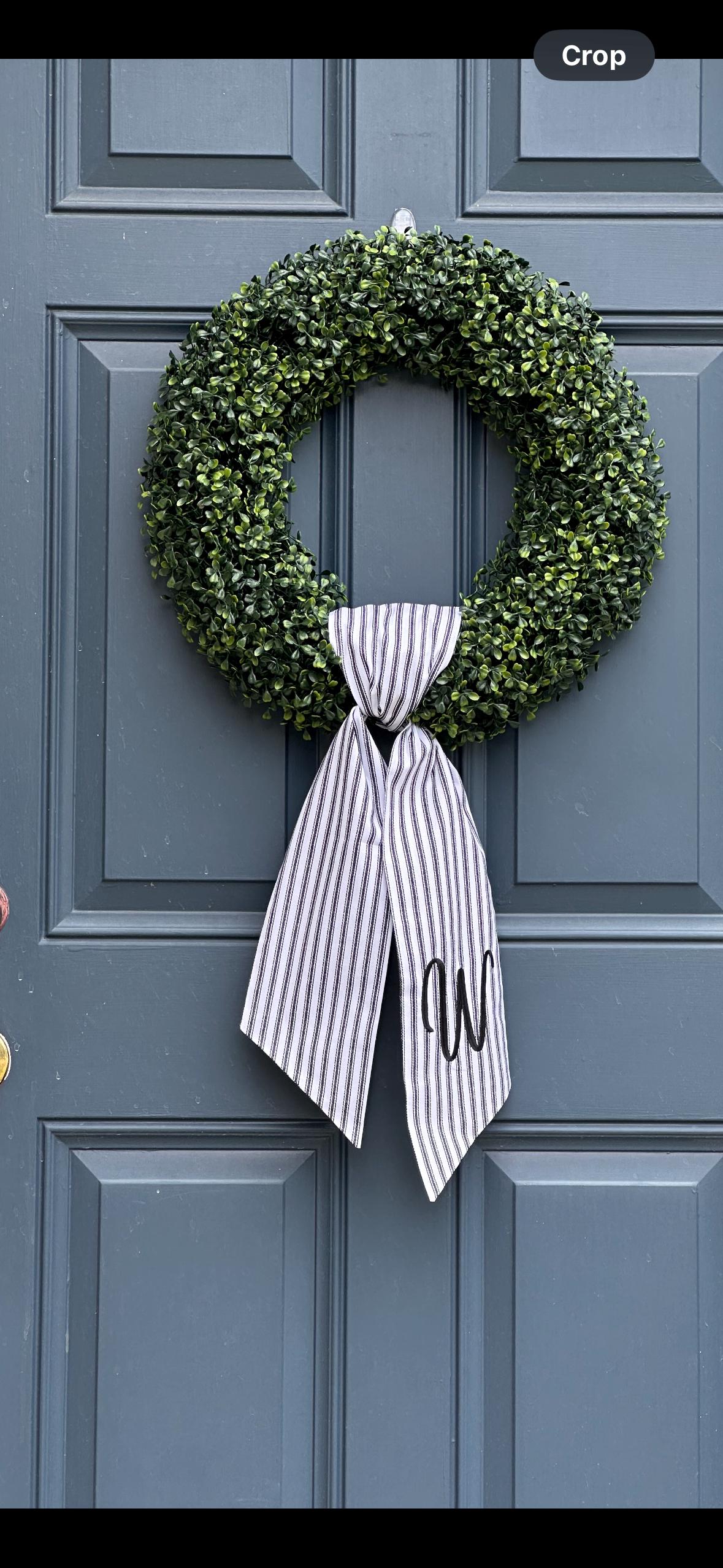 Personalized Black Ticking Stripe Wreath Sash for Front Door, Modern Farmhouse Decor, Striped Embroidered Scarf for Boxwood Wreath, Birthday Gift for Friend
