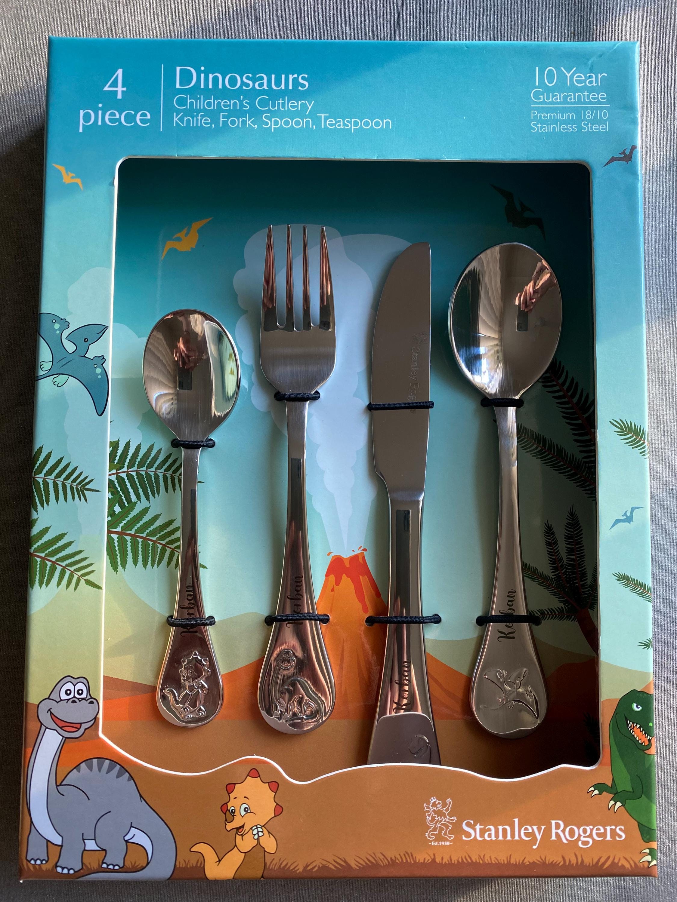 Custom Laser Engraved Baby/Toddler Cutlery 4 Piece Set Dinosaurs Embossed Stanley Rogers