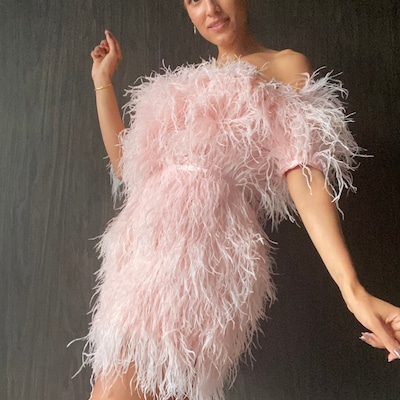 Sophie Pale Pink off Shoulder Feather Mini Dress,unique Wedding Dress ...