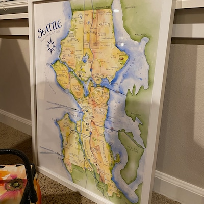 Seattle Map Watercolor Illustration Puget Sound Neighborhood Map Alki ...