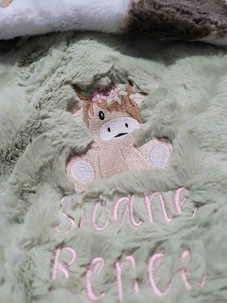 Personalized Baby Blanket, Embroidered Girl Highland Cow Blanket, Baby Cow Newborn Gift, Baby Shower Gift