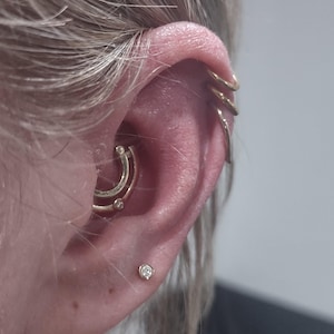 14k Gold Daith Earring, Double Daith Hoop, Diamond Piercing, Geometric Daith Clicker, Cartilage Earrings, Solid Gold Helix, Dangle Cartilage