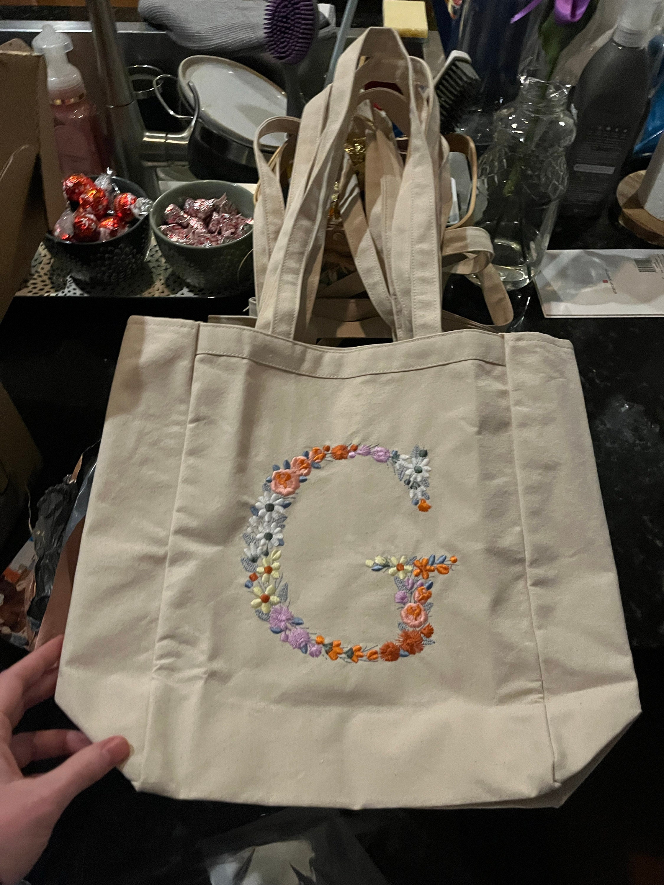 Personalized Embroidered Canvas Tote Bag,Monogram Floral,Natural Tote Bag, Cotton Canvas,Shopping Bag,Book Tote, Laptop Bag