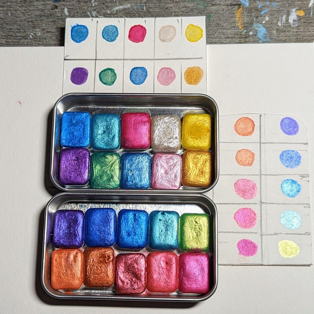 Watercolor Paints Mini Pans Set, Handmade Mica / Metallic Watercolors 
