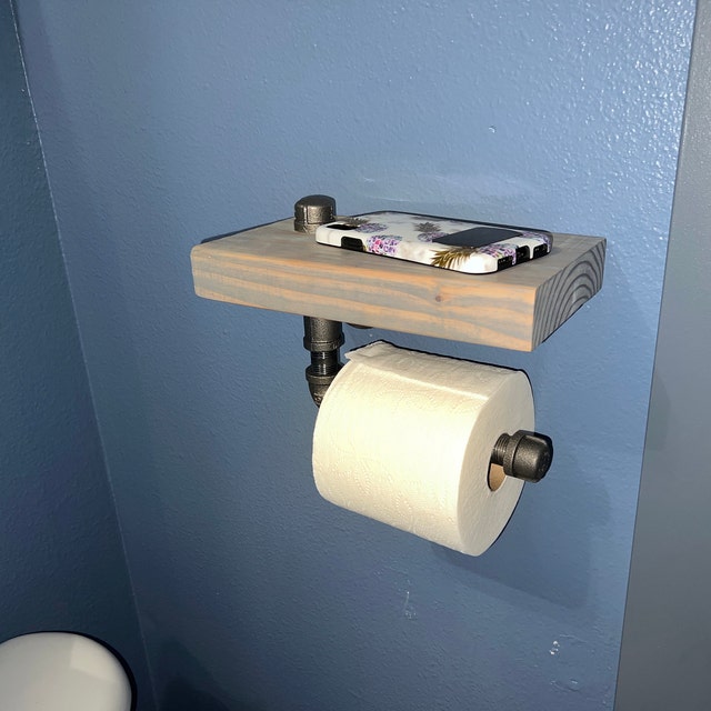 Industrial Toilet Paper Holder with Shelf - Steampunk Bathroom Fixture –  TJS CUSTOM DESIGN AND DECOR