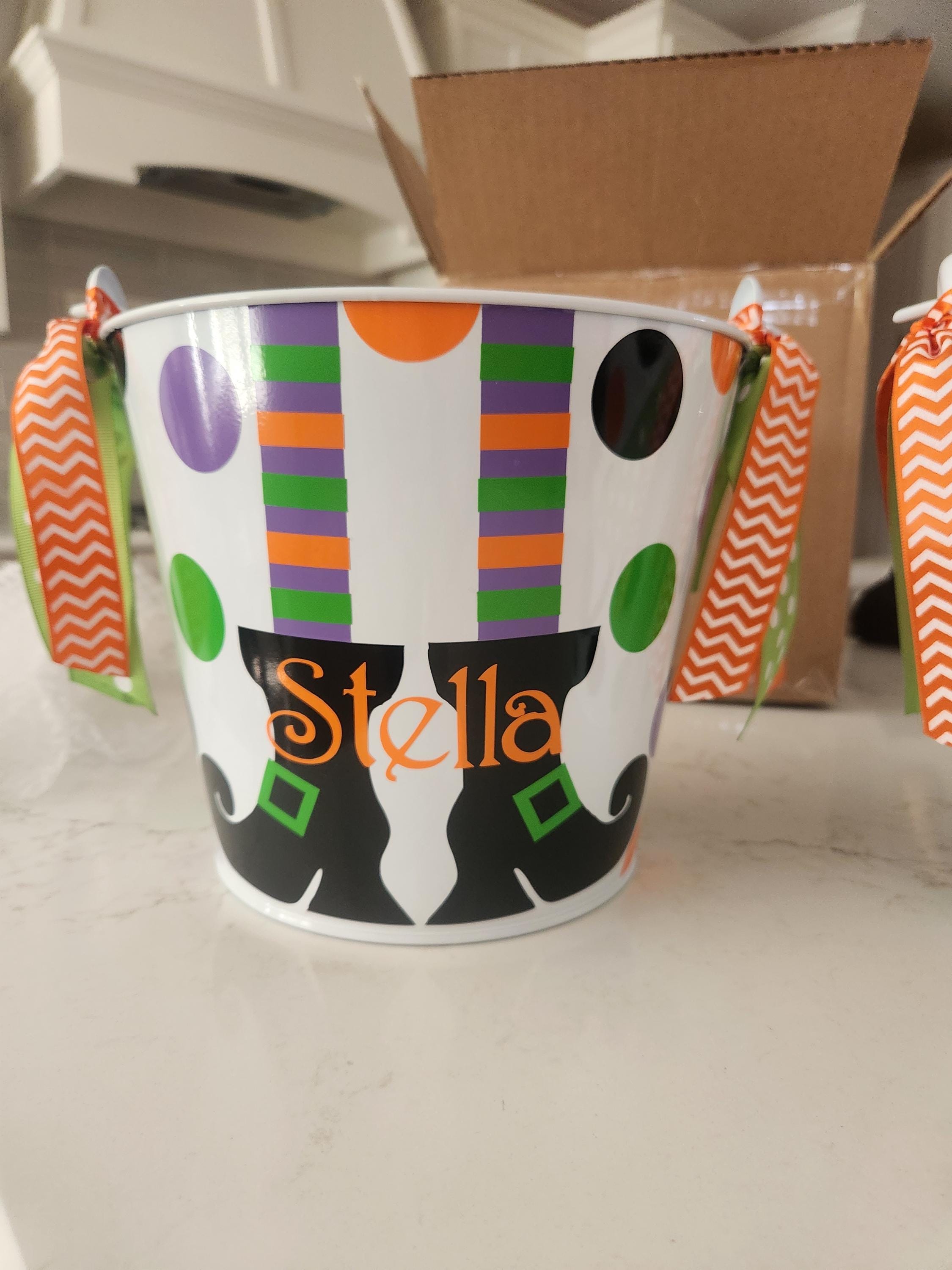 5 QT Halloween Trick or Treat Bucket w/Handles/Personalized/White with Witches Feet /Many Designs to Choose From