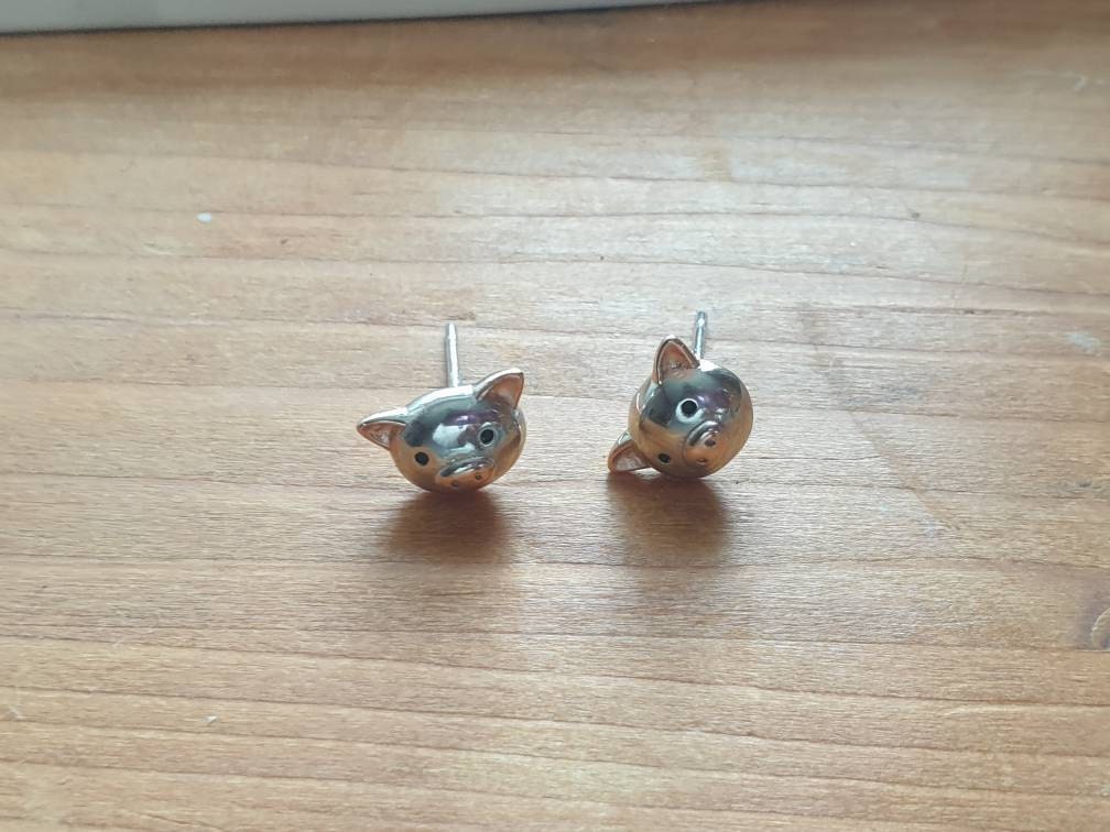 Cute Little Pig Stud Earrings in Sterling Silver - Silver and Rose Gold - Farm Animal Earrings - Whimsical and Pretty Jewellery