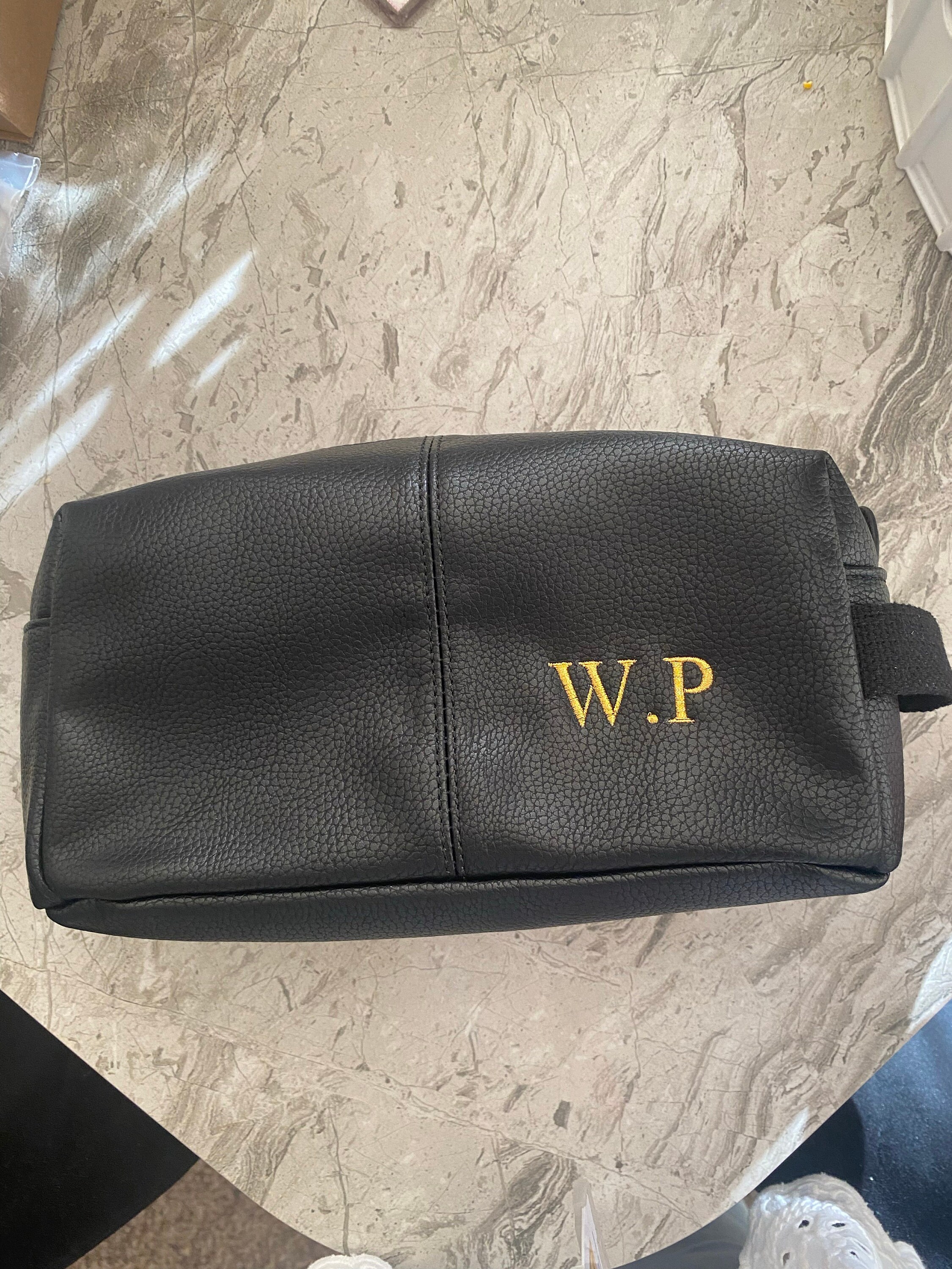 Personalised Embroidered Mens Leather Wash Bag with Strap Black or Brown - Mens Vegan Leather Toilet Bag Embroidered with Initials