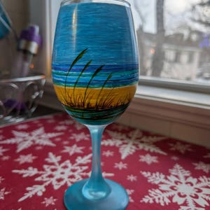 Hand Painted Beach Scene With Blue Stem Wine Glass - Etsy
