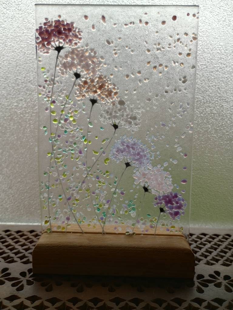 Whimsical Purple and pink mix Flowers fused glass Art Picture Sun Catcher & Wooden Display Stand
