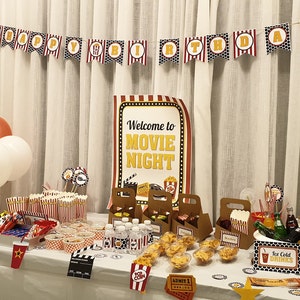 K KUMEED Movie Night Party Decorations-Pink Movie Night Banner Cute Popcorn Sign Ice Cold Drink Toppings Tent Cards Movie Night Stickers For Movie Theme Party Summer Ice Bar Film Party Supplies