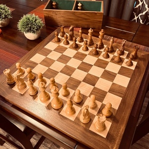 Tournament size wooden chess board with carved border and wooden pieces —  Three Trees Workshop