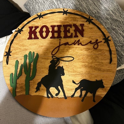 Western Cowboy Roping Calf Name Sign, Personalized Nursery Round Sign ...
