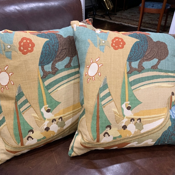 Schumacher Pearl River Linen Pillow in Jade. Designer Tan Aqua Pillow ...