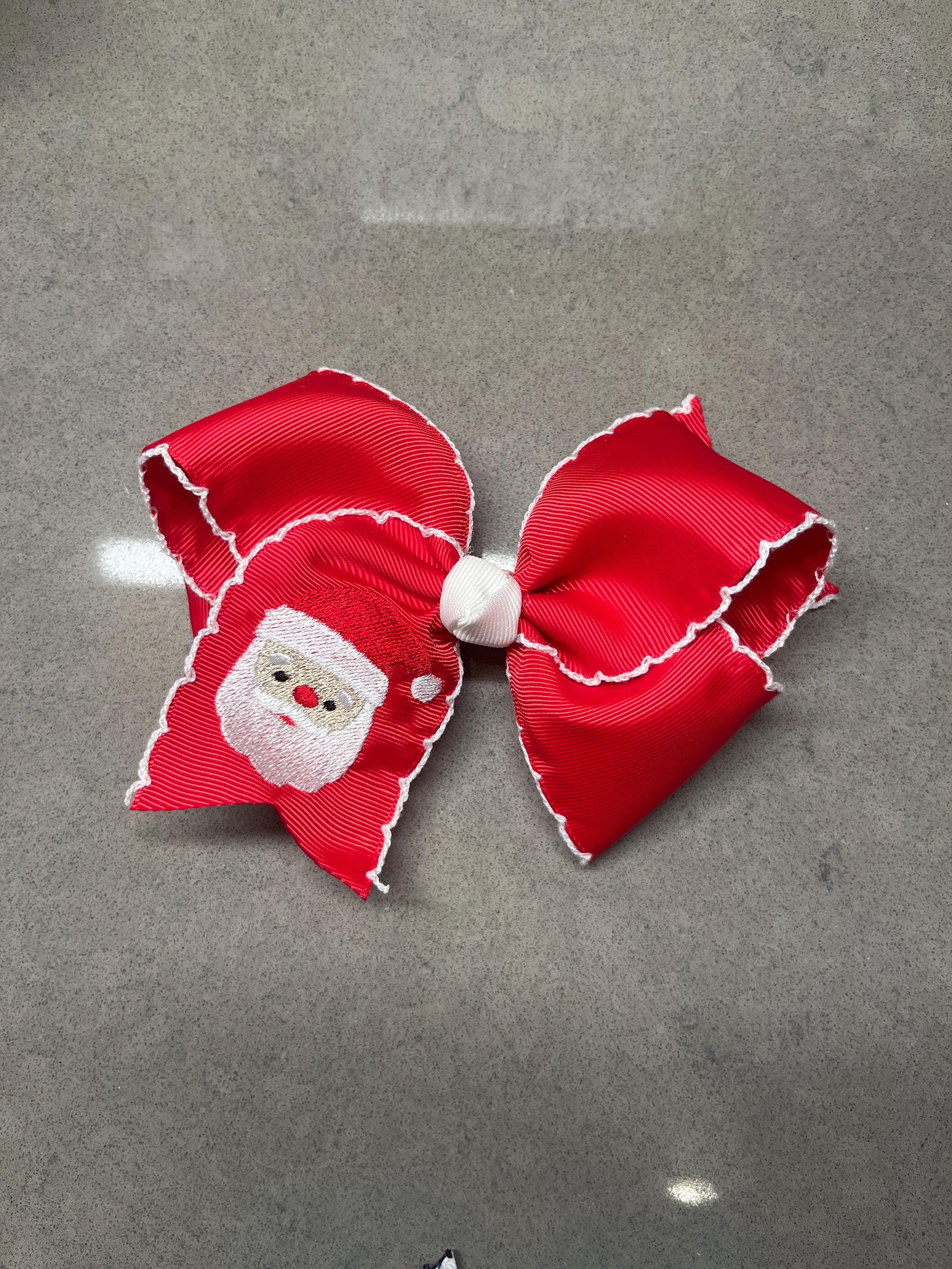 Embroidered Christmas bows-Santa hairbow-Reindeer hairbow-Snowman Hairbow- custom hairbows-hoilday hairbows- moonstitch hairbows- hair-bow--