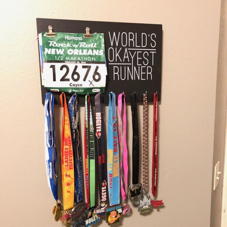 Running Medal Bib Holder Worlds Okayest Runner - Medal Holder, Medal Rack, Medal Display, Race Bib Display, Race Bib Holder
