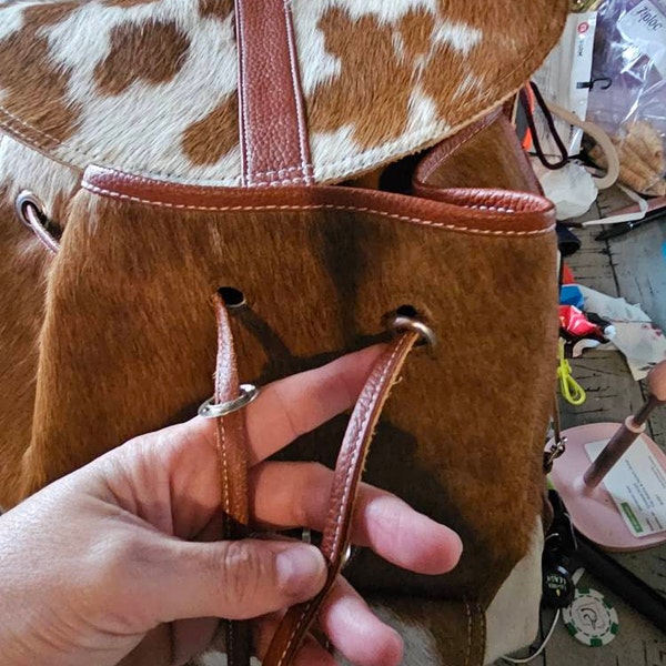 Cowhide Hair Print Leather Diaper Backpack - Brown & White Fur Backpack For Travel, Baby Gear & Daily Use - View #3