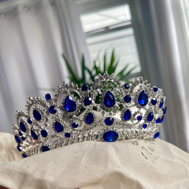Royal Blue Crystal Crown, Blue Rhinestone Silver Tiara, Blue  display picture 1
