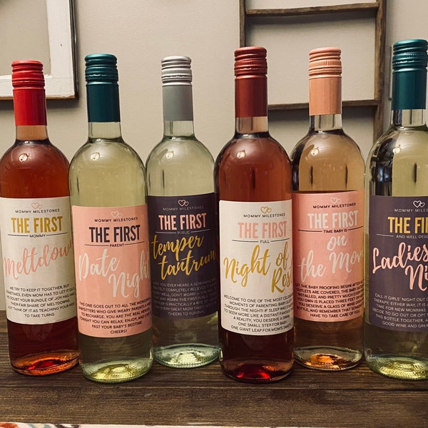 6 Mommy's First Milestones Wine Labels and Stickers, Great Baby Shower and Pregnancy Gift Ideas ...