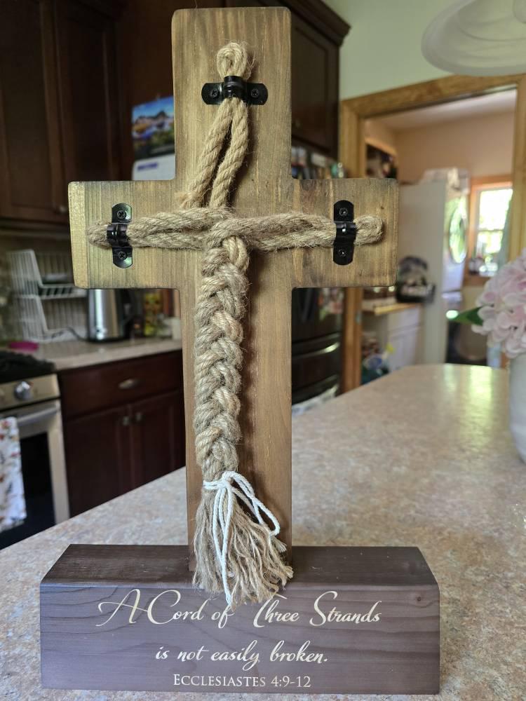 Wedding Cord of Three Strands Ceremony Cross; Natural Wood & Rope Unity Ceremony Candle Alternative