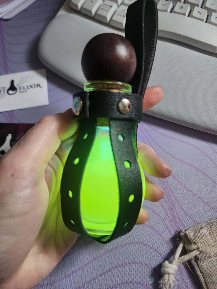 Glowing Light Elixir in Small Potion Bottle with Leather Holster, USB Rechargeable