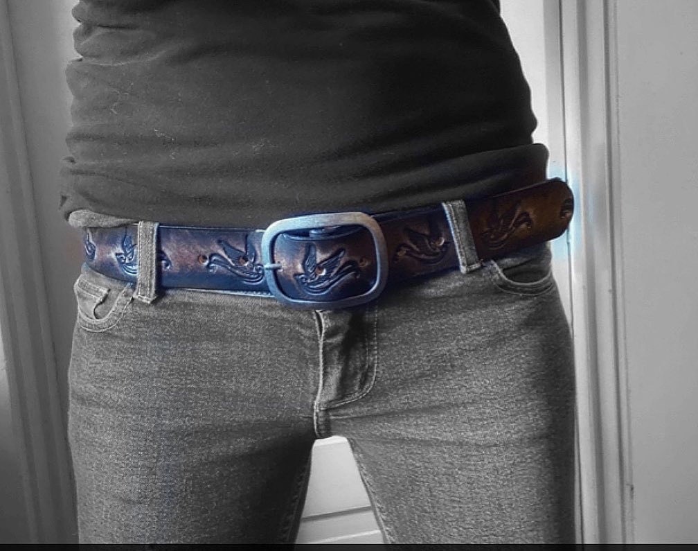 Leather Belt Sparrow Vintage Aged Leather belt - embossed sparrow snap belt  Handmade in USA Groomsmen Wedding Swallow Bird Tattoo Flash Art