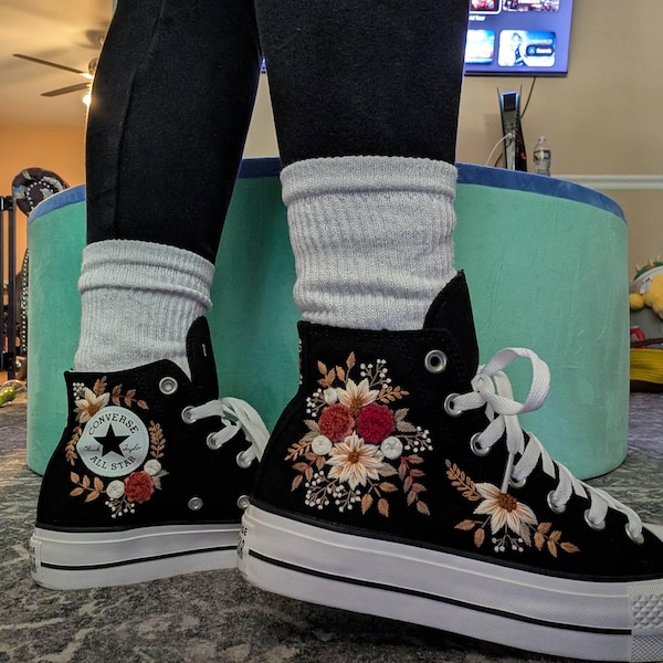 Wedding Converse for Bride, Fall Rustic Flower Embroidered Converse ...