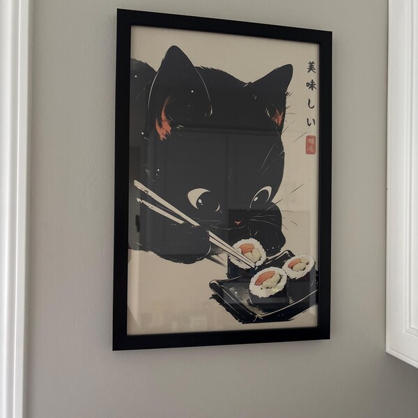 Sushi Black Cat Poster Tokyo Art Print, Oishii Cat Print, Delicious ...
