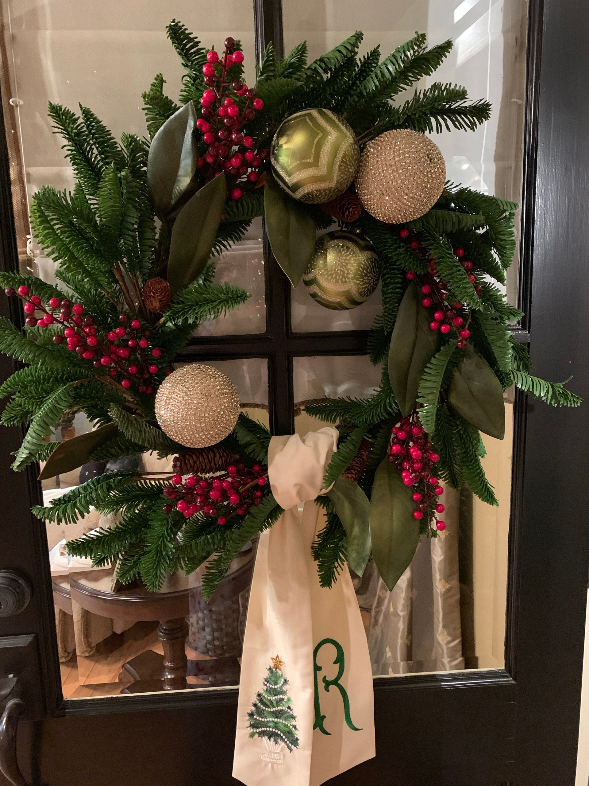 Emerald Green XL Christmas Tree Wreath Sash with Monogram, Wreath Bow, Front Door Christmas Decoration