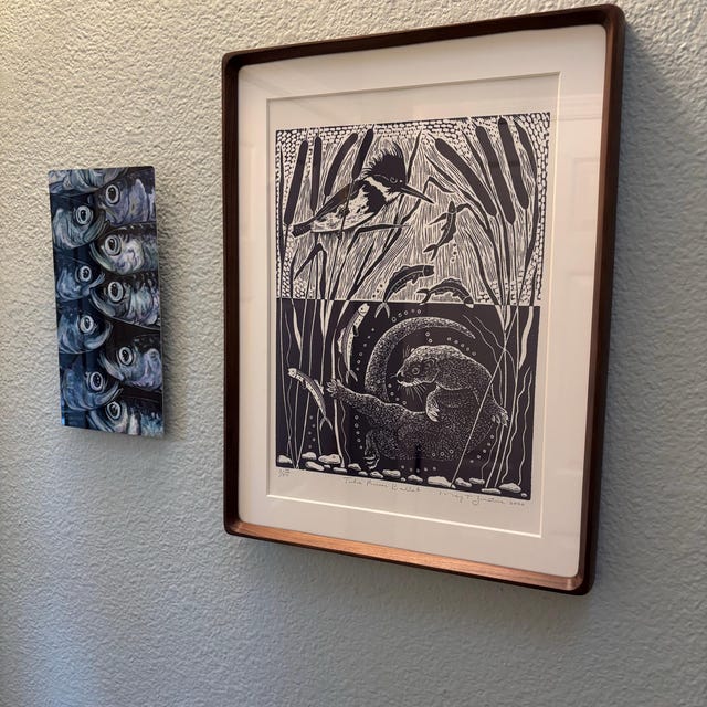 The River Ballet Linocut in Blue,otter Linocut,kingfisher Linocut