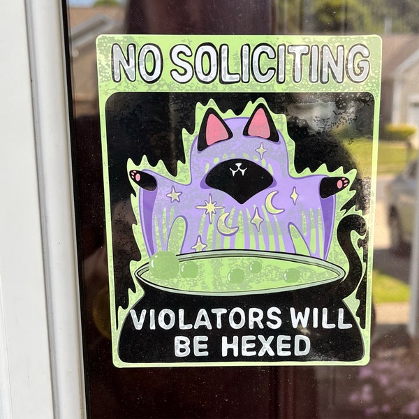 No Soliciting Witchy Cat Sign Window Cling Black Cat (violators Will Be ...