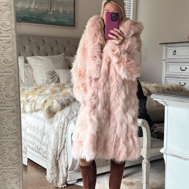 Long Line Fluffy Pink Fox Fur Coat With Hood. Super Warm Real Fox