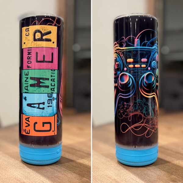 Gamer 20 Oz Skinny Tumbler Sublimation Design Neon Game Controller ...