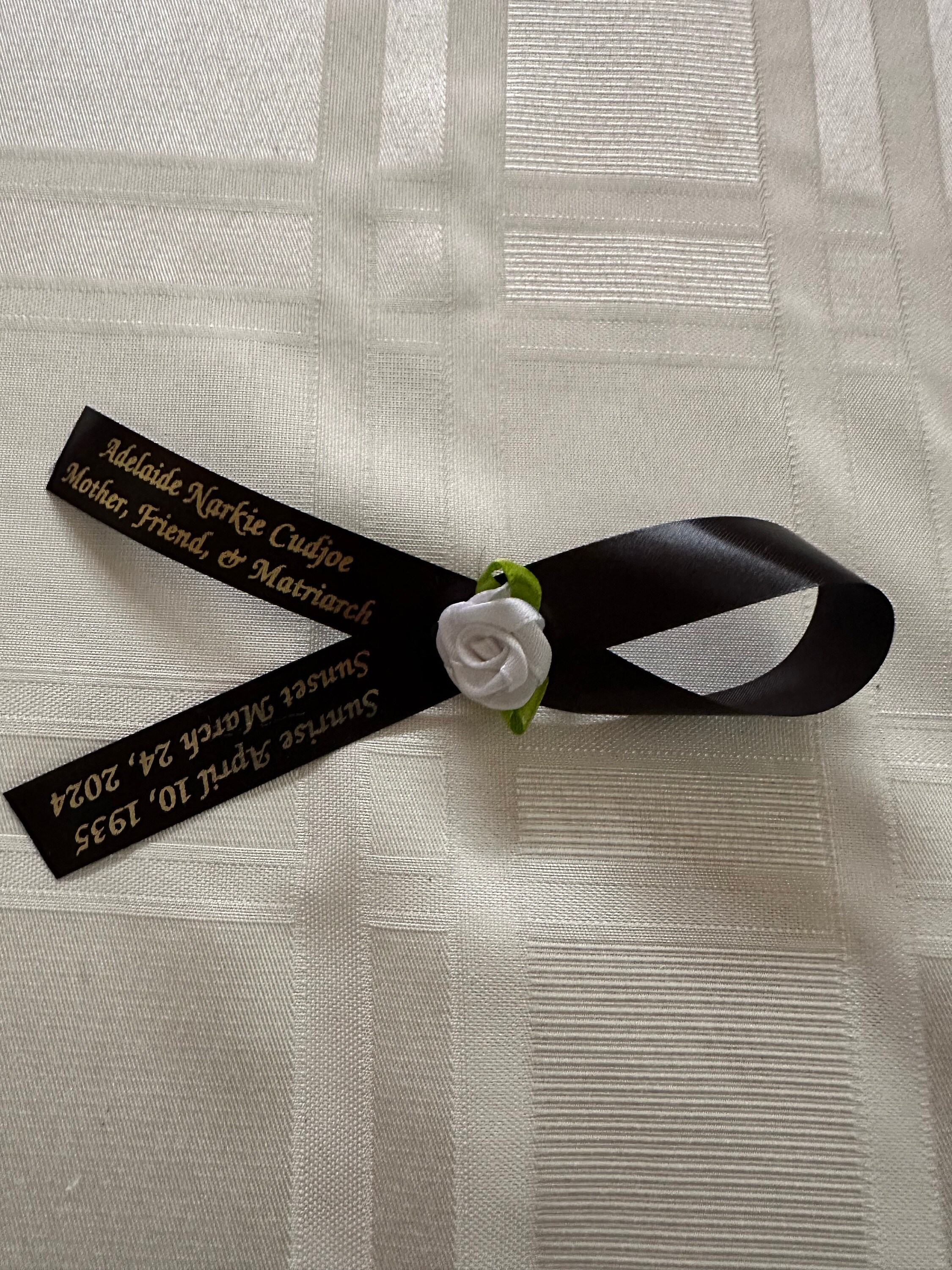 Personalized Memorial Ribbons with Pins for Funeral or Celebration of Life Assembled Fundraiser Awareness Ribbon - Rose Center Decoration