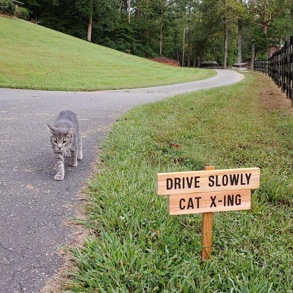 CAT X-ING Caution Sign, Hand Routed Cedar Wood Yard Sign, Cat Lovers ...