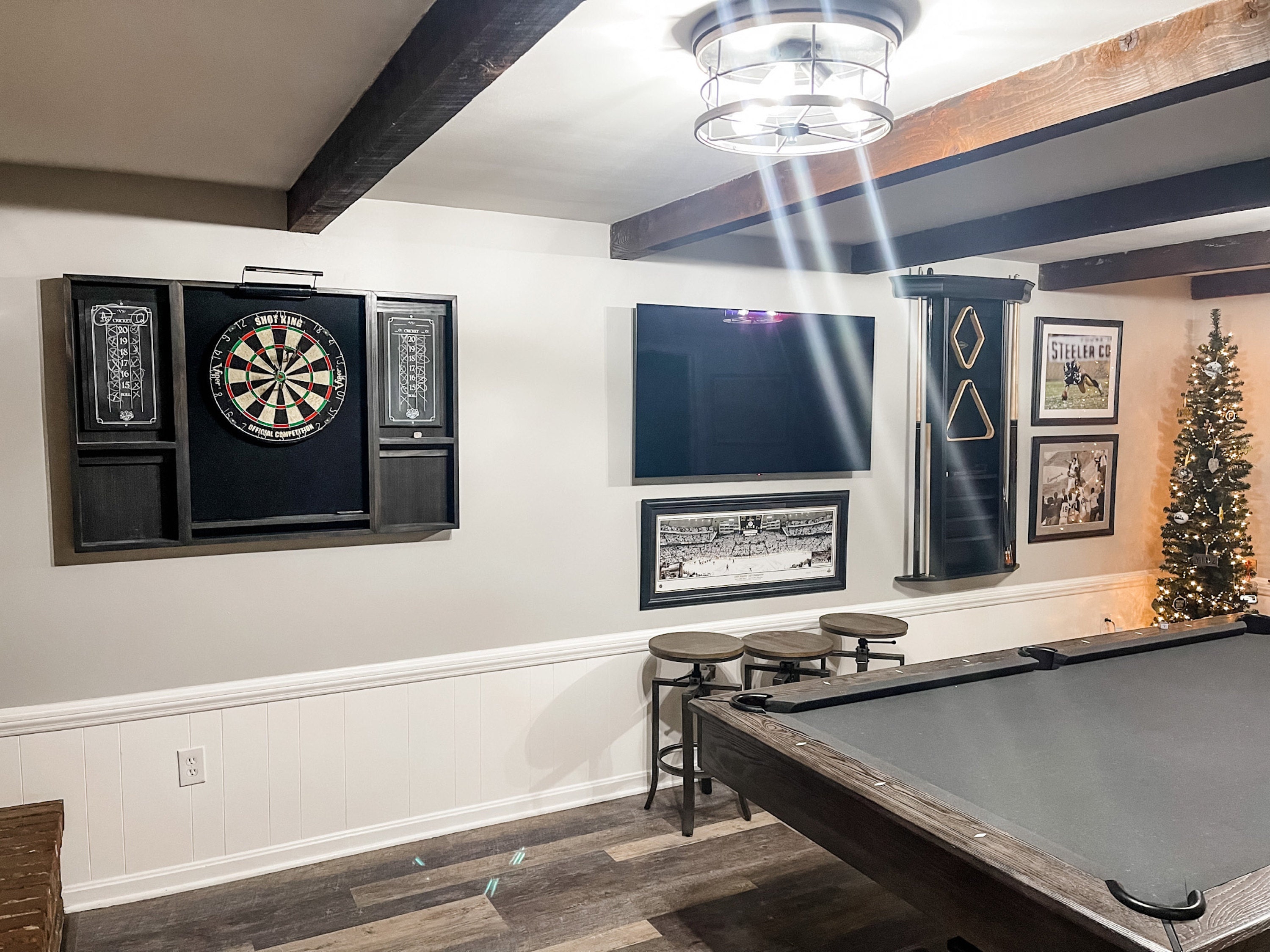 Makes a great fathers day gift  Our best selling Black dartboard cabinet with a Dartboard, darts, led light. and 2 scoreboards.