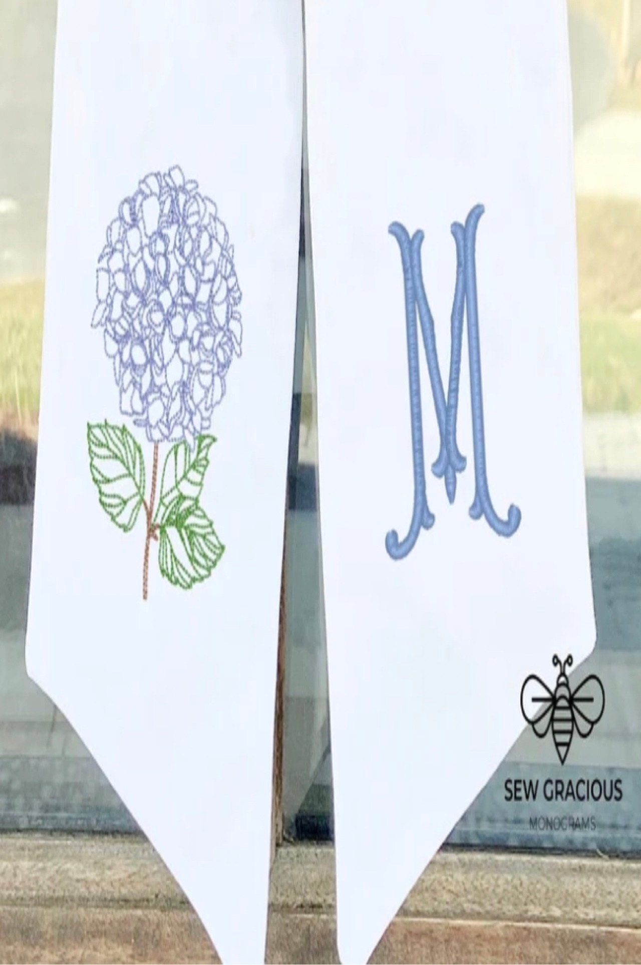 Blue Hydrangea Wreath Sash with Monogram Initial for Front Door Decoration for Home, Party, or Wedding Venue