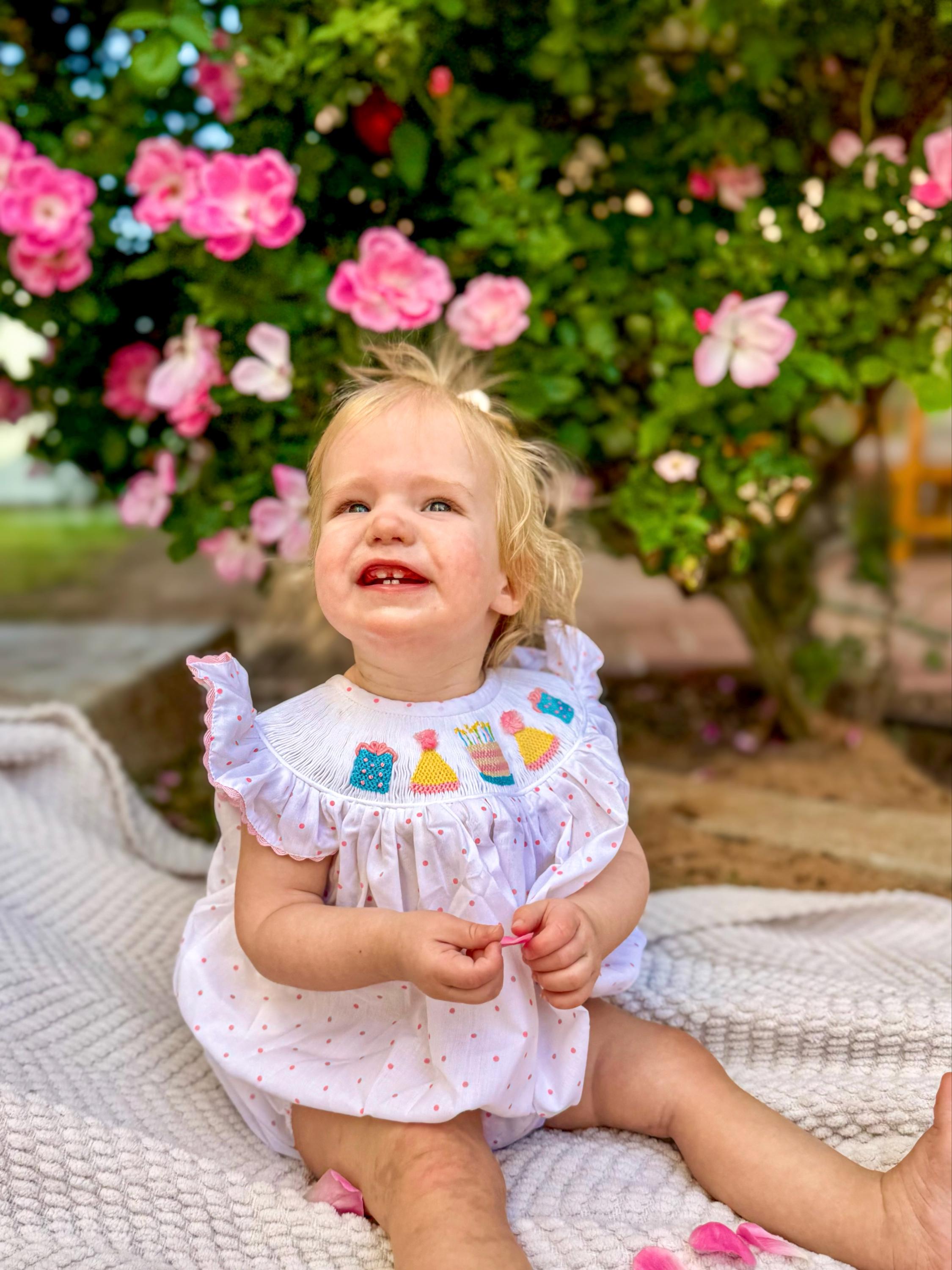 Smocked Birthday Bubble Romper in Polka Dots & Flutter Sleeves   - Birthday Party Outfit, Baby girl, Heirloom, Machine Washable 641 *C