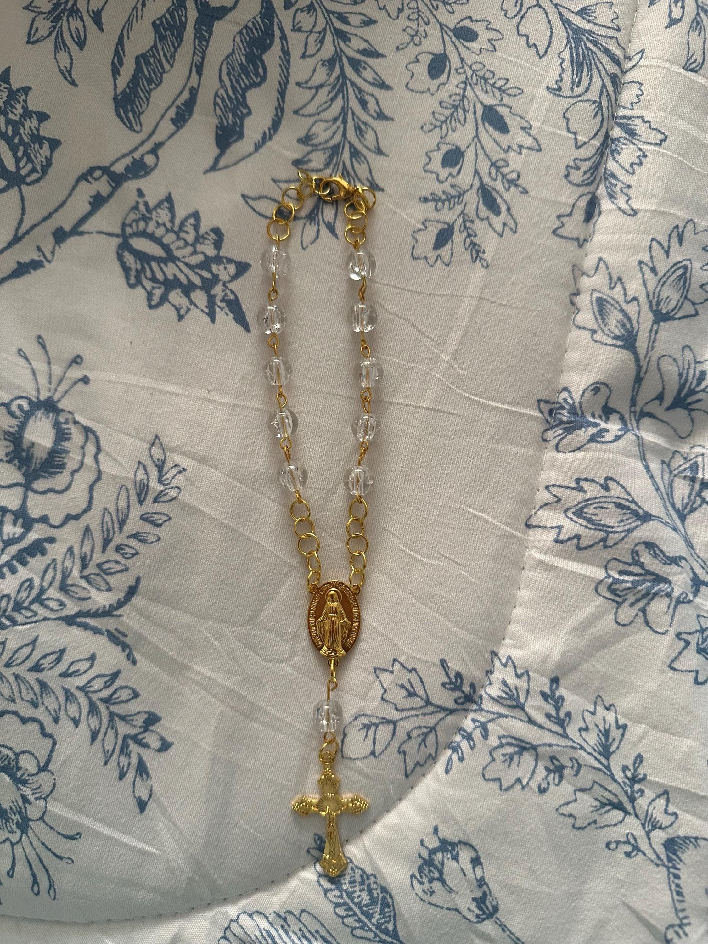 Rear View Mirror Car Rosary Beads - Antique Gold Cross Pendant - Car Protection Beads - New Glass Bead Colors!