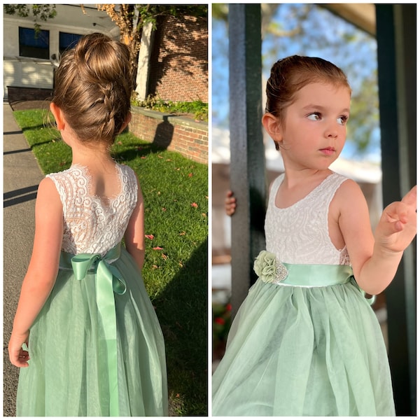 Fleur Toddler Girl Sage Green Tulle Dress – Flower Girl, Birthday, Party Outfit