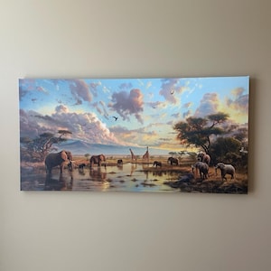 Jacinta's African Savannah Canvas Print, Giraffe Elephant Safari Wall Art canvas print in their home — Antarmada