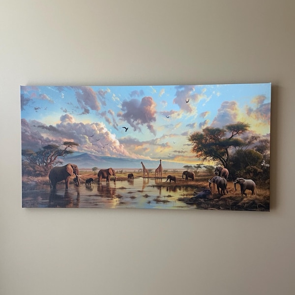 Jacinta's African Savannah Canvas Print, Giraffe Elephant Safari Wall Art canvas print in their home — Antarmada