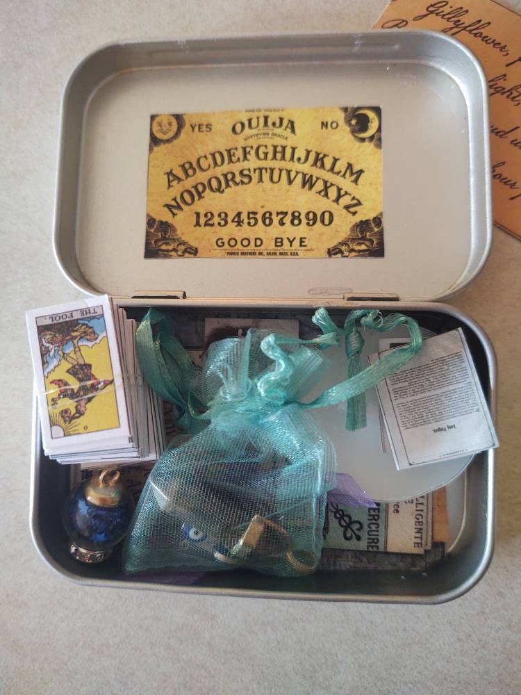 mini tarot tin, mini tarot kit, on the go mini tarot tin, palmistry ouija board psychic spell kit, mini tarot card deck, mini ouija board,