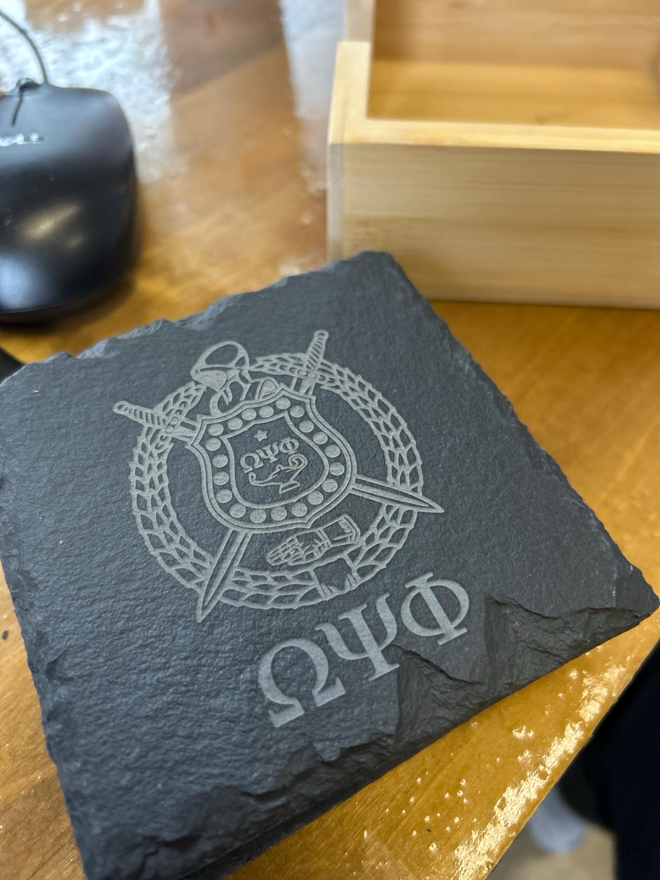 Customer photo of Set of 4 Custom Logo Engraved Slate Coasters with Bamboo Coaster Holder from Abisha