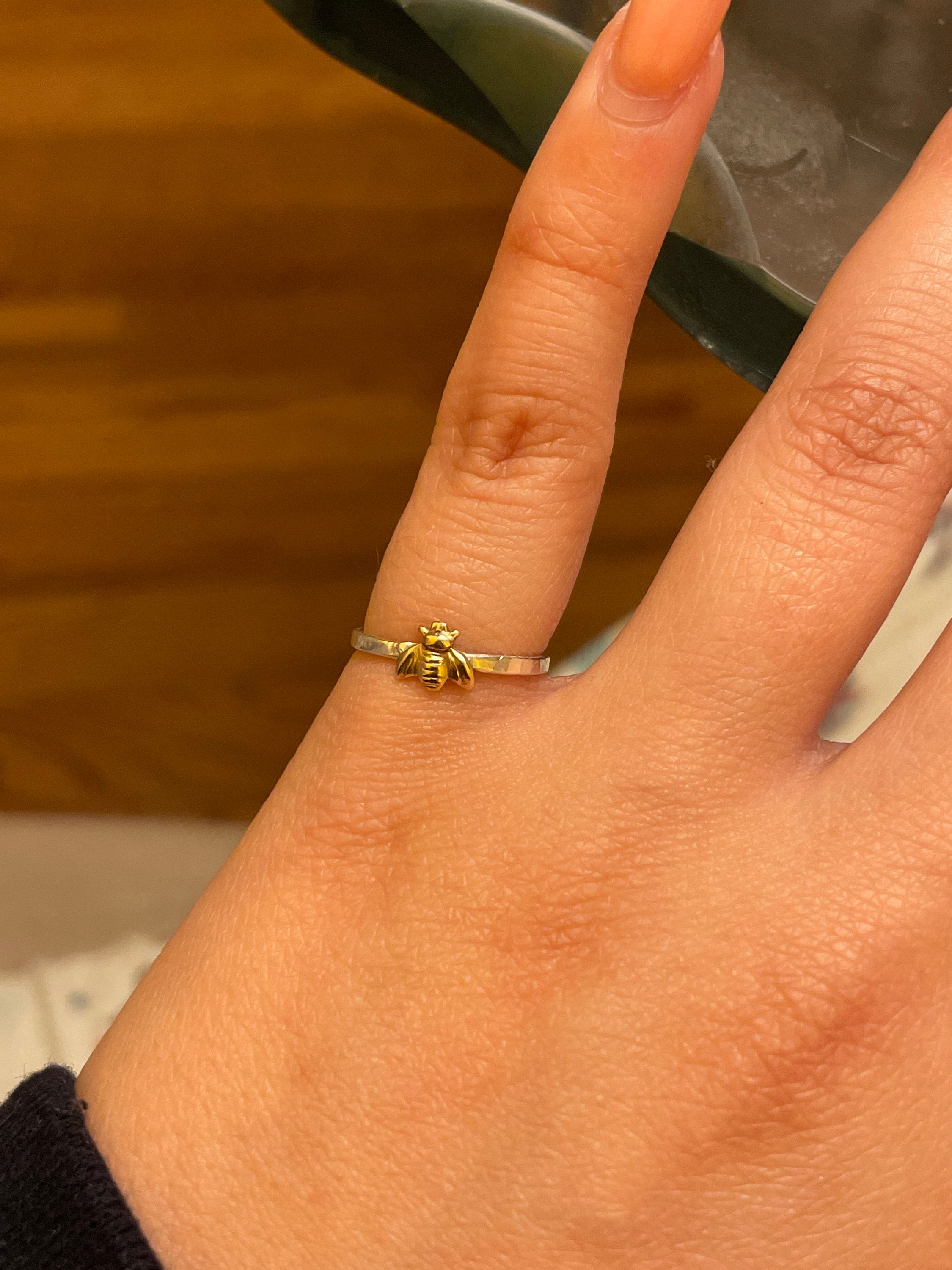 Simple tiny sterling silver bee ring, silver and gold brass stacking ring, hammered band ring, gift for women