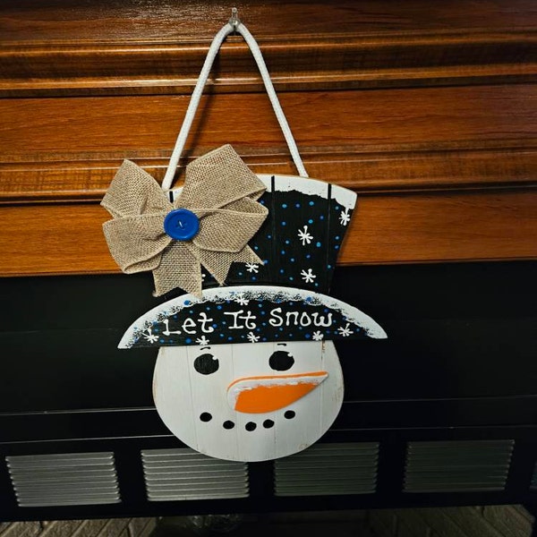 Let It Snow SNOWMAN SIGN Grooved Wood Hanging Hanger Plaque Winter Door ...