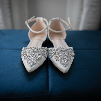 Ivory Satin Pointy Toe Flats With Sparkly RHINESTONES APPLIQUE , Fall ...