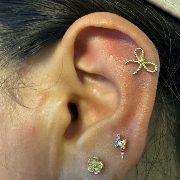 14K Solid Gold Rope Wire Bow Ribbon Ear Stud, Cartilage, Tragus, Helix ...