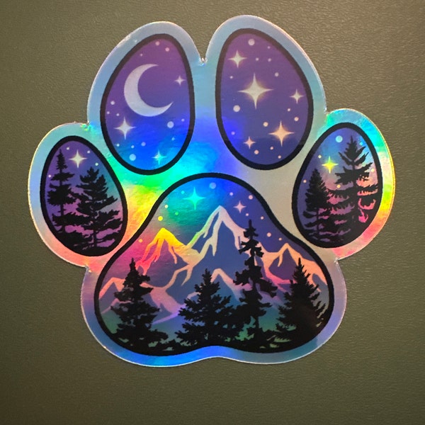 Paw Print Sticker, Holographic Dog Sticker, Hiking Vinyl Sticker, Dog ...